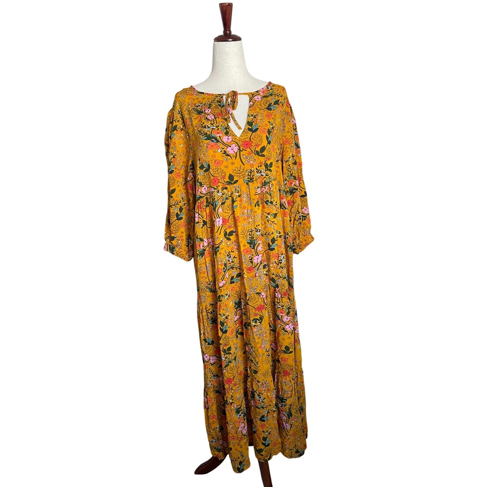 Natural Life Yellow Floral Tiered  Maxi Dress Small Boho Hippie Flowy Cottage